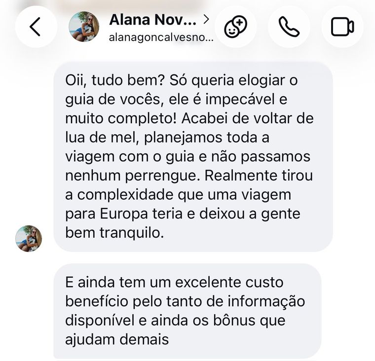 Mensagem de cliente que voltou da lua de mel na Itália