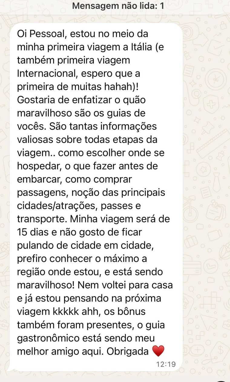 Mensagem de cliente no meio da primeira viagem à Itália