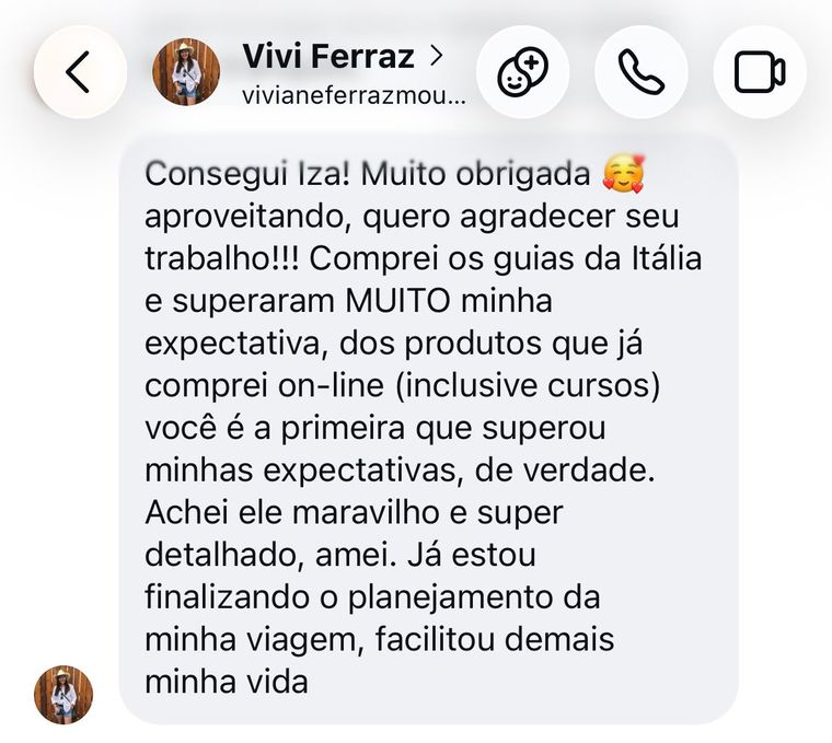 Mensagem de cliente que comprou os guias da Itália