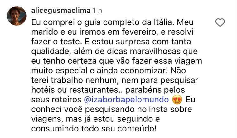 Comentário de cliente que comprou o guia completo da Itália
