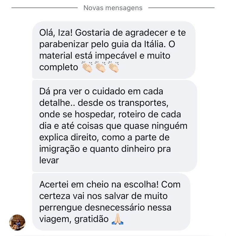 Mensagem de cliente elogiando o guia da Itália