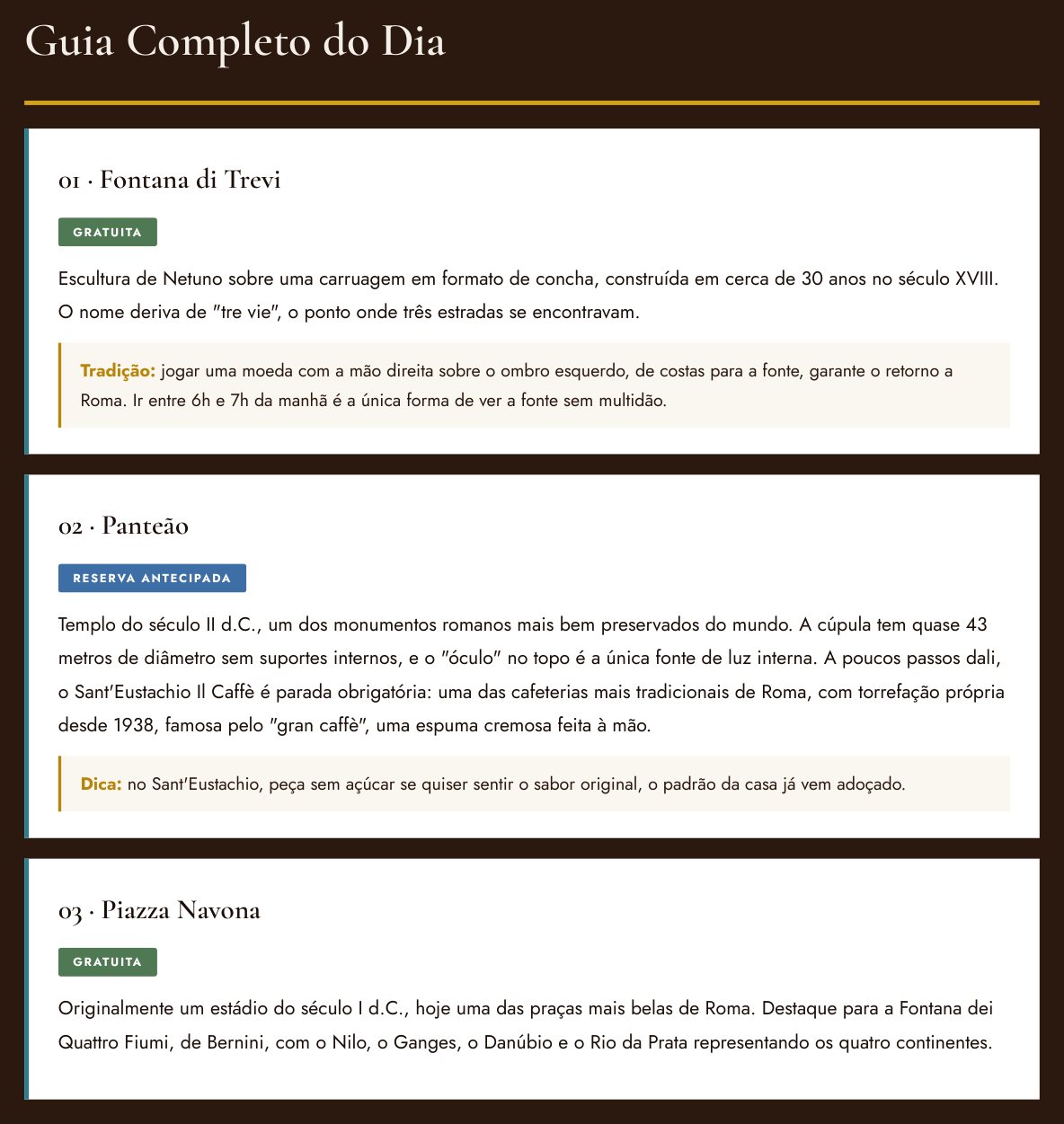 Página de atrações do Guia de Roma